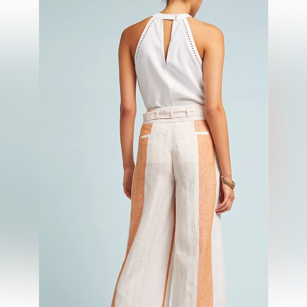 Ett:twa by Anthropologie orange stripe tie waist zip close 100% linen pants - Picture 4 of 16